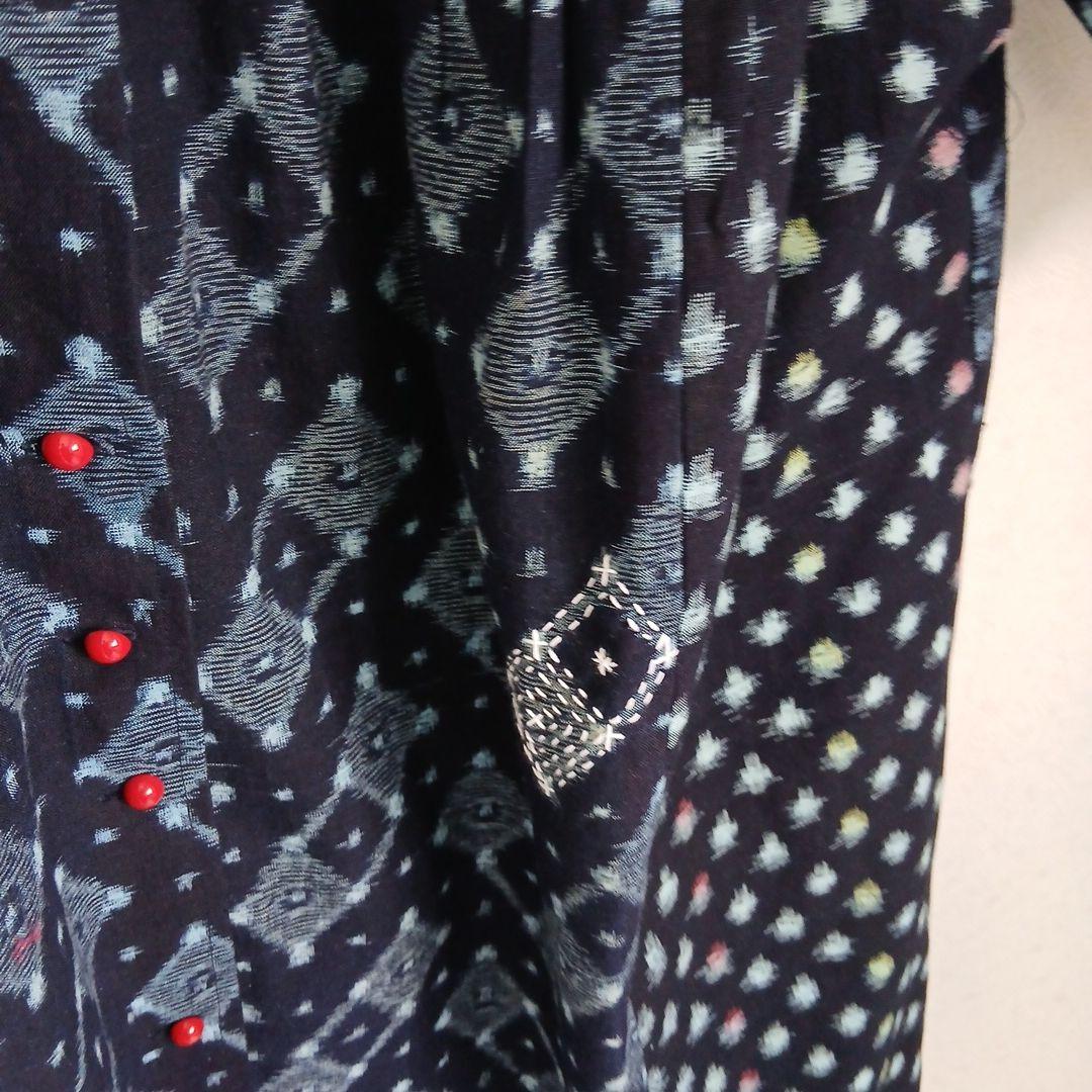 絣ロングワンピース(衿取り外しできる)(コート兼用)