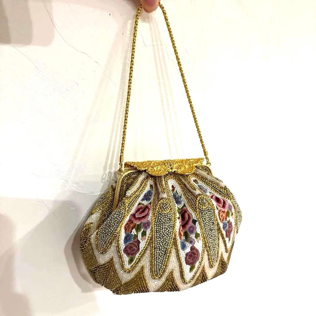 d*2様 【美品】HAKUBOTAN 銀座白牡丹　ビーズバッグ　花柄　ゴールドチ