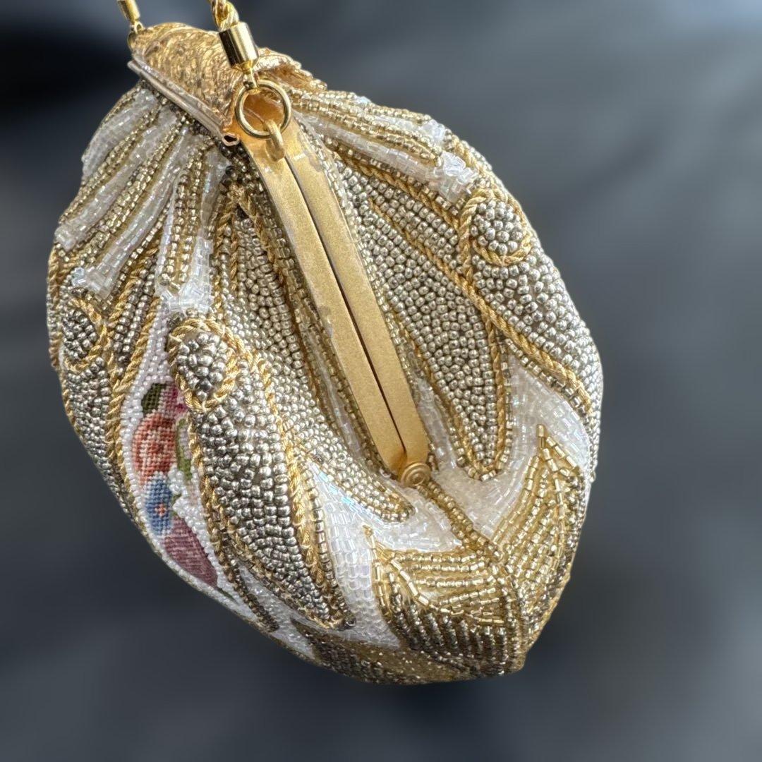 d*2様 【美品】HAKUBOTAN 銀座白牡丹　ビーズバッグ　花柄　ゴールドチ