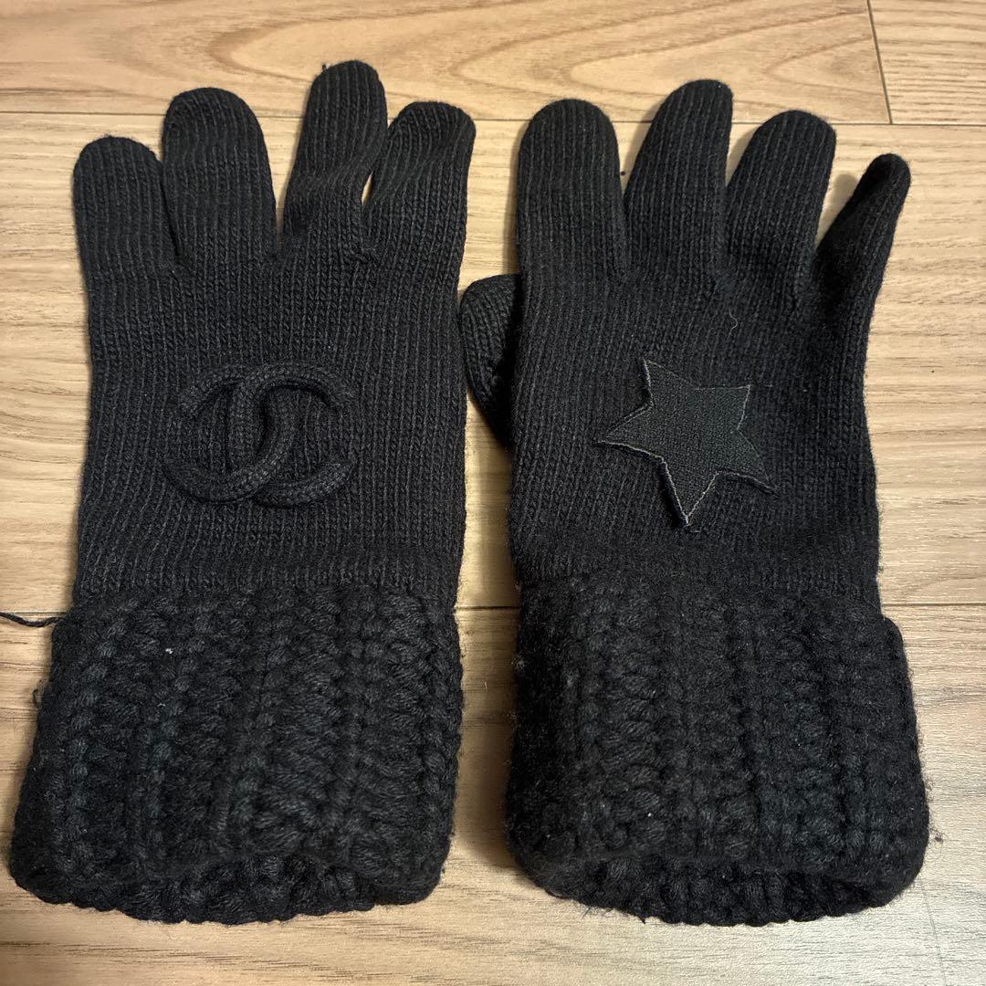 CHANEL 黒 ニット手袋 ロゴデザイン