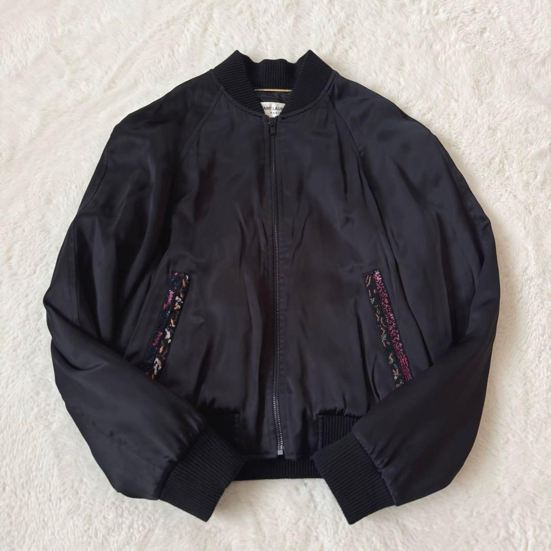 サンローラン　ビーズ刺繍ロゴ ボンバージャケット 黒　38