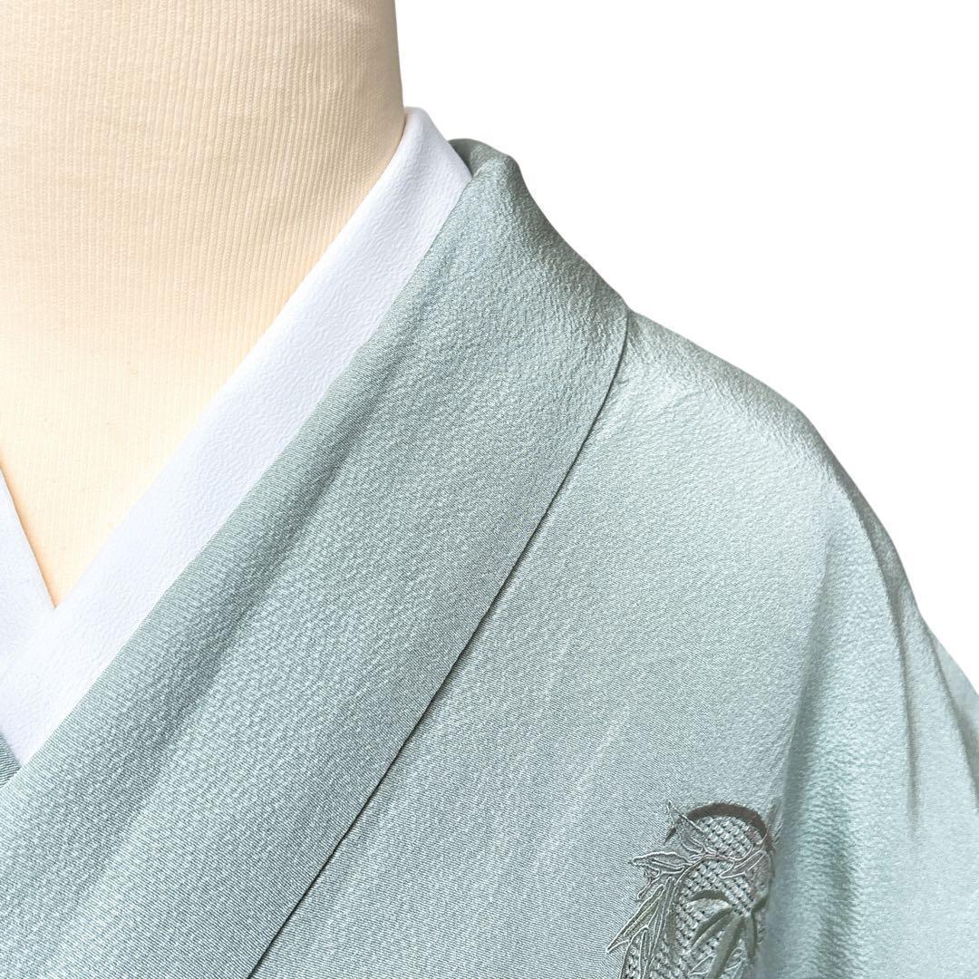 A143愛華 着物 付け下げ袷刺繍　スワト　錆青磁　フォーマル　身丈162cm