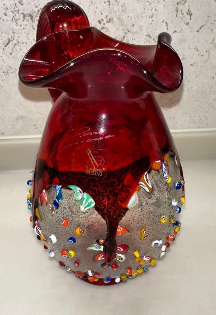 ユニ機MURANO ムラノガラス22CM水差し花瓶 イタリア ミルフィオリ