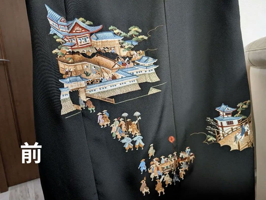 新品留袖ドレス着物リメイクワンピース正絹大名行列刺繍М〜LL結婚式日焼けあり値下