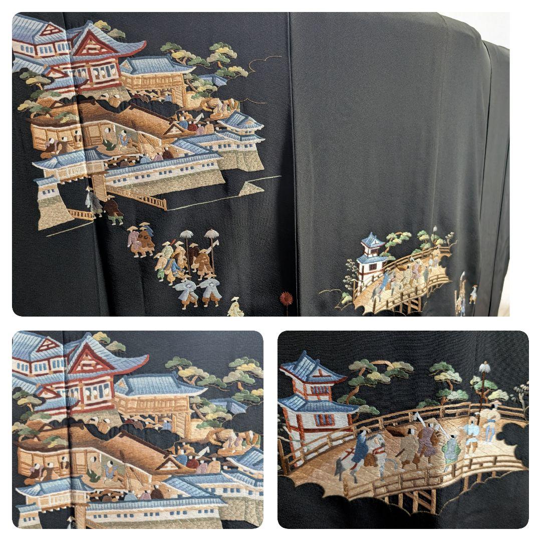 新品留袖ドレス着物リメイクワンピース正絹大名行列刺繍М〜LL結婚式日焼けあり値下