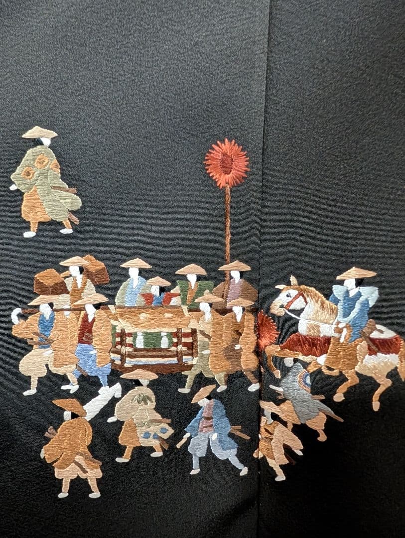 新品留袖ドレス着物リメイクワンピース正絹大名行列刺繍М〜LL結婚式日焼けあり値下