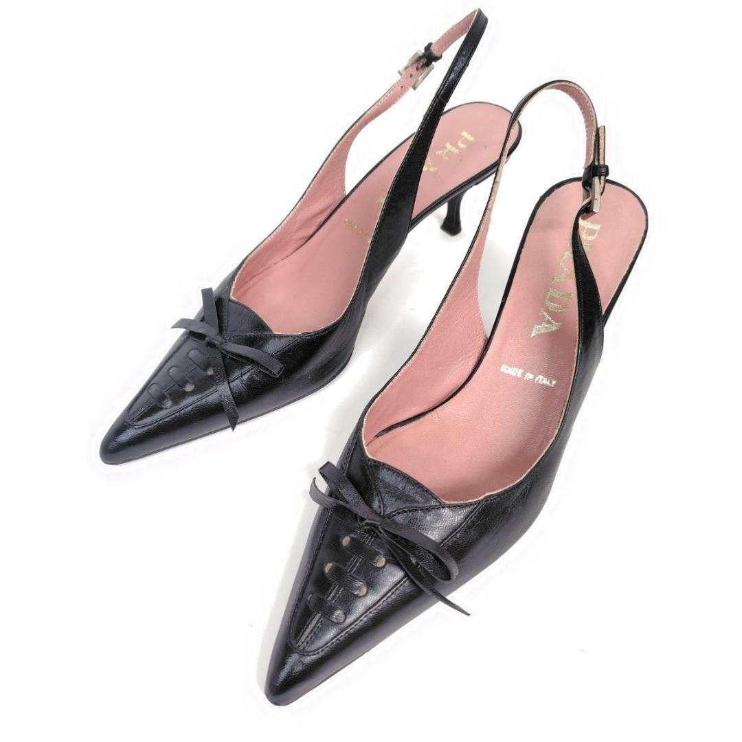 PRADA プラダ サンダル 21.5cm リボン ポインテッド 34.5 黒
