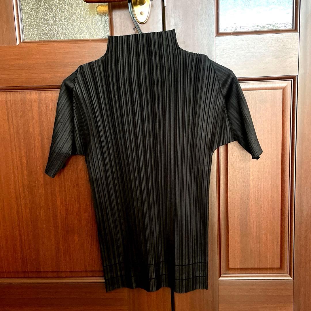 プリーツプリーズ　ハイネックトップス　ブラック