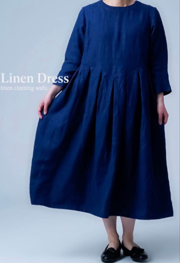 （お値下げ中）wafu.リネンワンピース　鍵盤タック　 カラー/ブルーニュイ