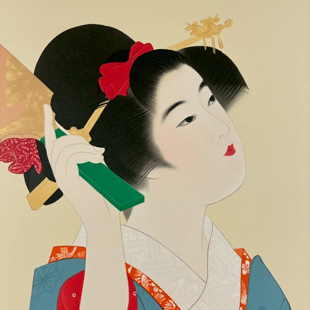 美品 伊東深水「羽子」リトグラフ 印章有 美人画 額縁入り 日本画家 浮世絵師