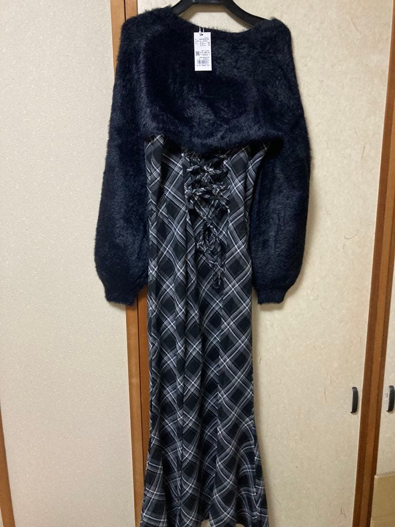 INGNI シャギーニットボレロ＋マーメイドワンピースセット 黒チェック