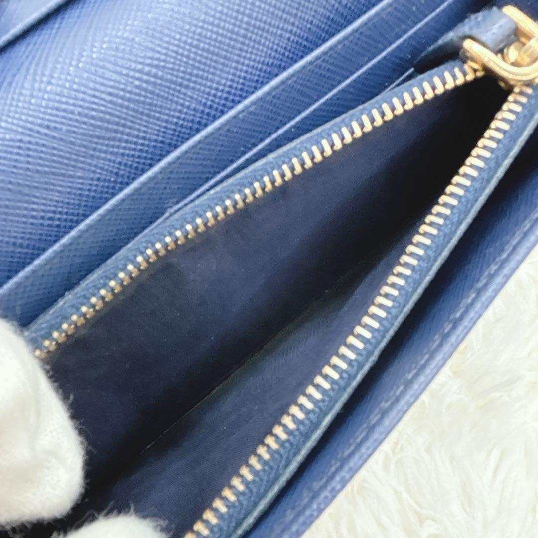 極美品✨PRADA サフィアーノレザー フラップ 長財布 メタルロゴ ネイビー