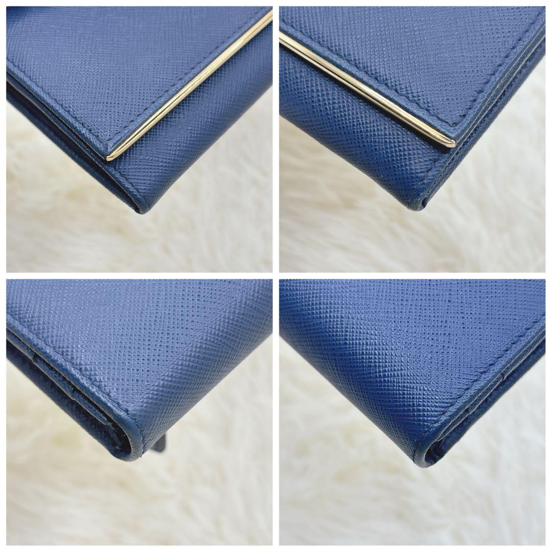極美品✨PRADA サフィアーノレザー フラップ 長財布 メタルロゴ ネイビー