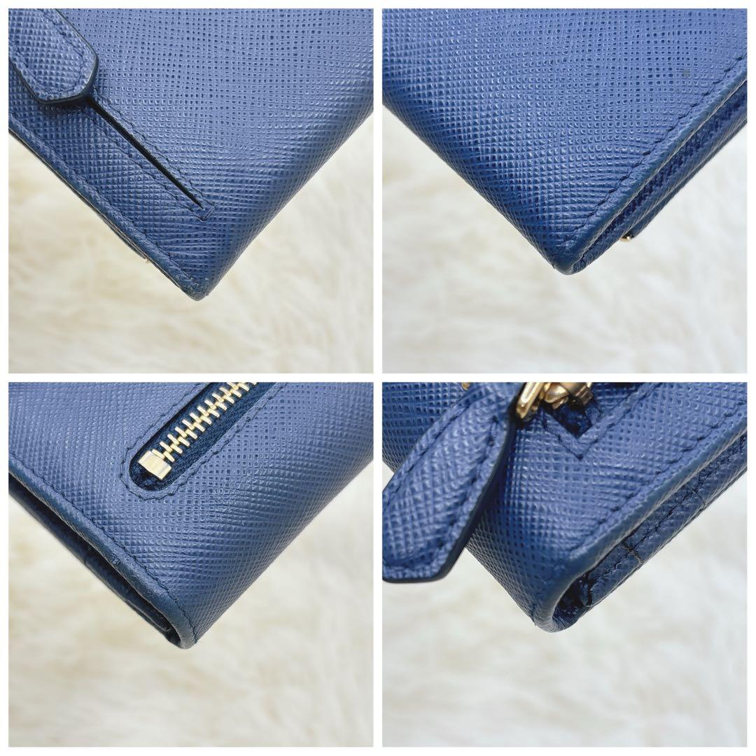 極美品✨PRADA サフィアーノレザー フラップ 長財布 メタルロゴ ネイビー