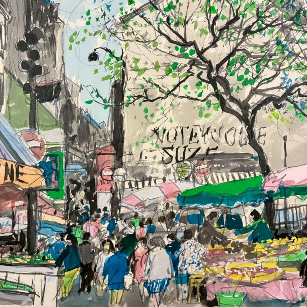 児玉幸雄「パリの朝市」リトグラフ 直筆サイン有 お洒落な額装 フランス