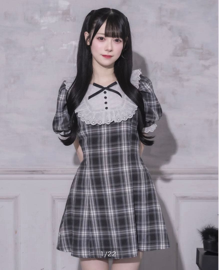 pium コットンレースドーリーカフェワンピ　ブラックチェック