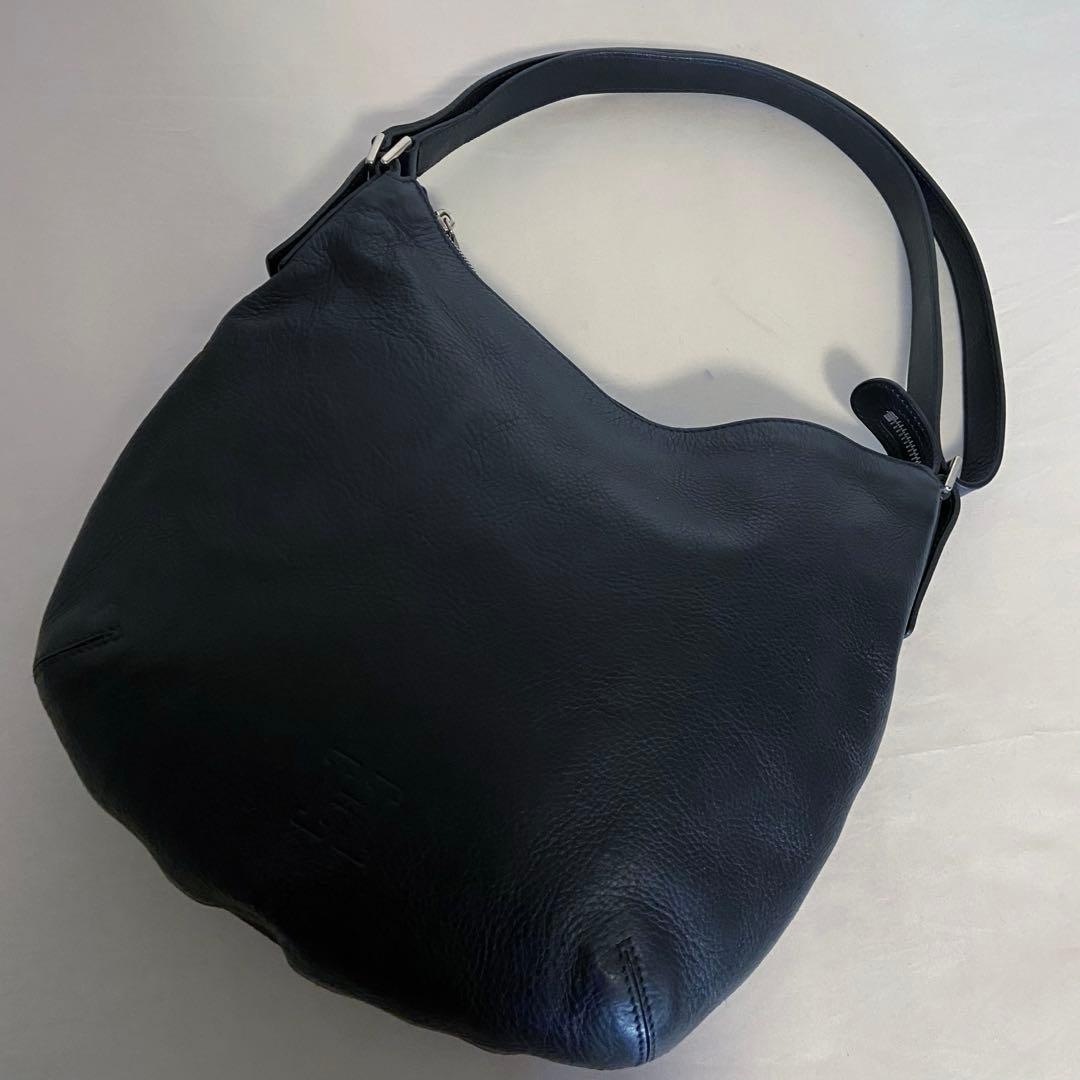 極美品✨ヒロフ ショルダーバッグ 2WAY 本革 ロゴ型押し ダークネイビー M