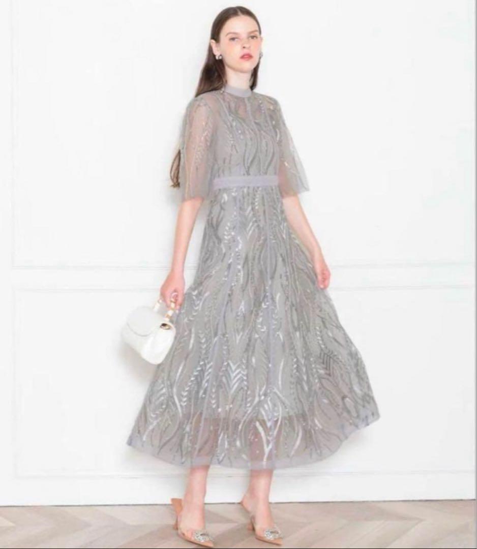 LEJA スパンコール刺繍レースプチハイネックフリルロングドレスワンピース