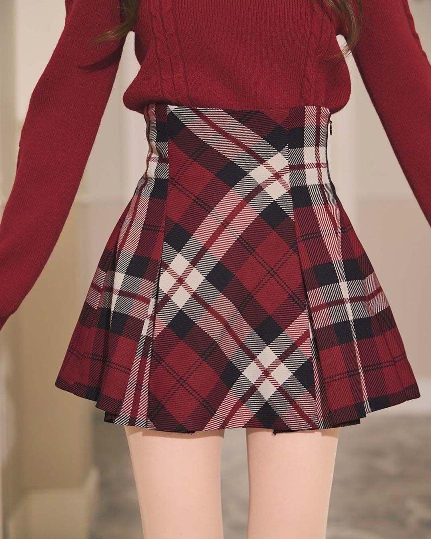 ミシェルマカロン フレアチェックスカート レッド フリーサイズ