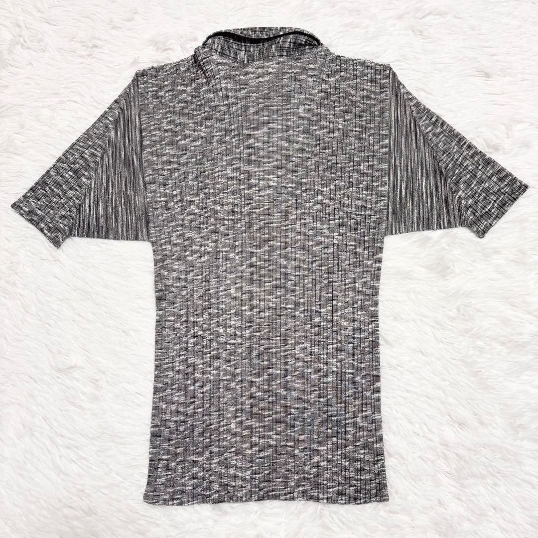 美品　プリーツプリーズ 　半袖　シャツ　ブラウス　襟　総柄　グレー　サイズ3