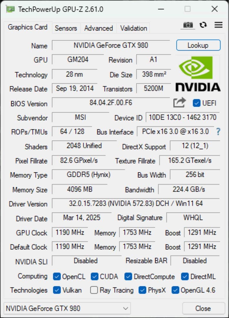 【動作確認済み】MSI GTX980 GAMING 4GB ※オーバーホール済み