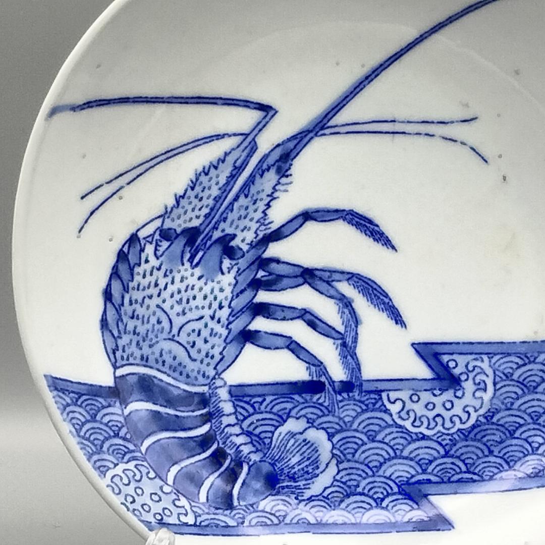 明治鍋島焼 染付 伊勢海老 青海波 雪輪文 櫛高台皿　他、　計二点セット