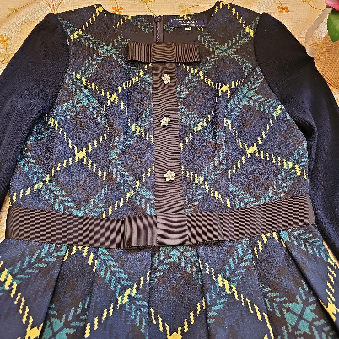 エムズグレイシー♡ワンピース 38　チェック柄　リボン　お花ボタン