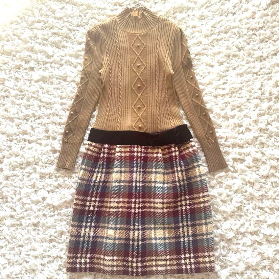 M'S GRACY エムズグレイシー　ワンピース　ベロア　リボン　チェック　切替