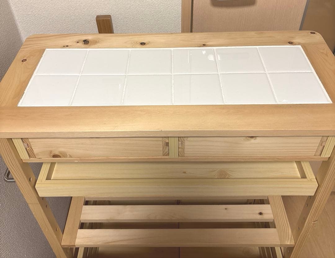 タイル付きキッチンワゴン 幅75cm パイン材