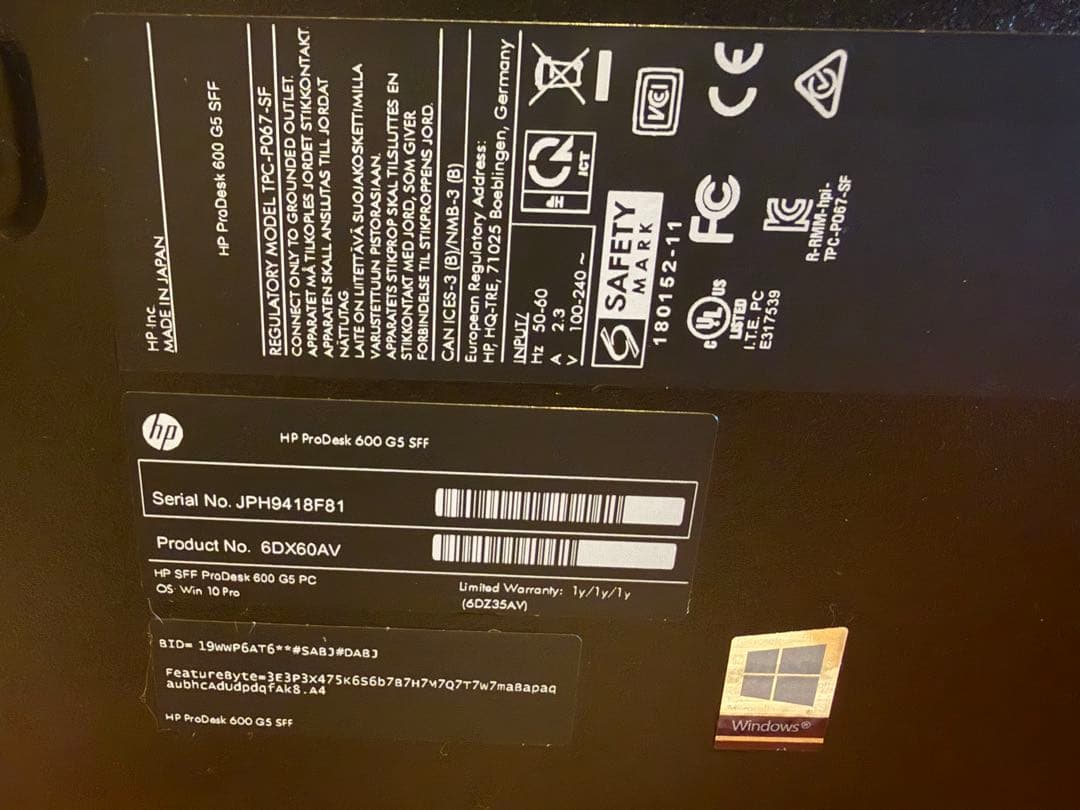 HP ProDesk 600 G5 SFF SSD256 メモリ8G NVMe