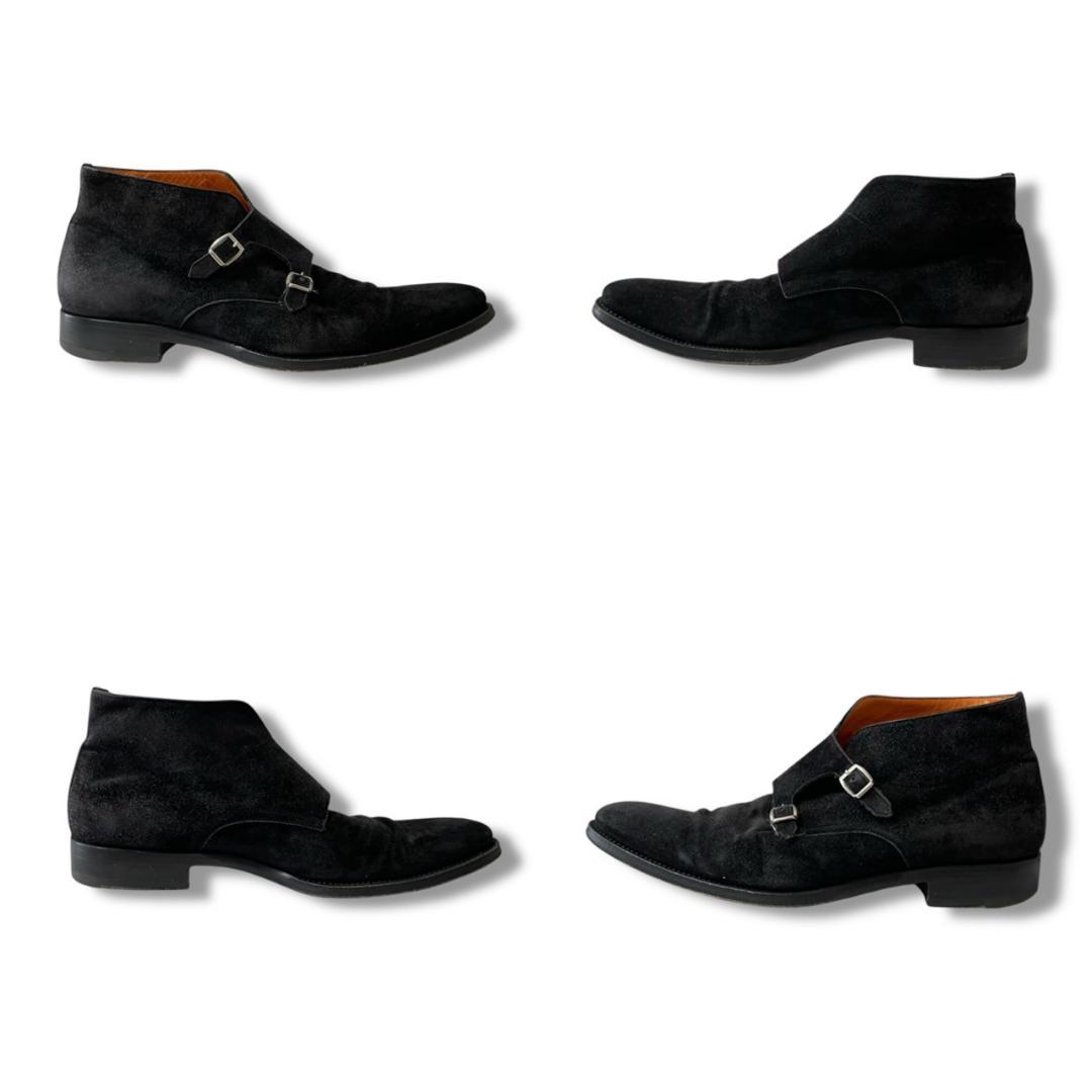 サントー二　スエード　ダブルモンク　ブラック　ビジネスシューズ