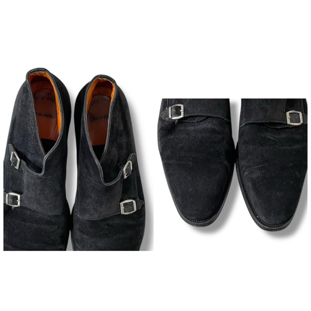 サントー二　スエード　ダブルモンク　ブラック　ビジネスシューズ