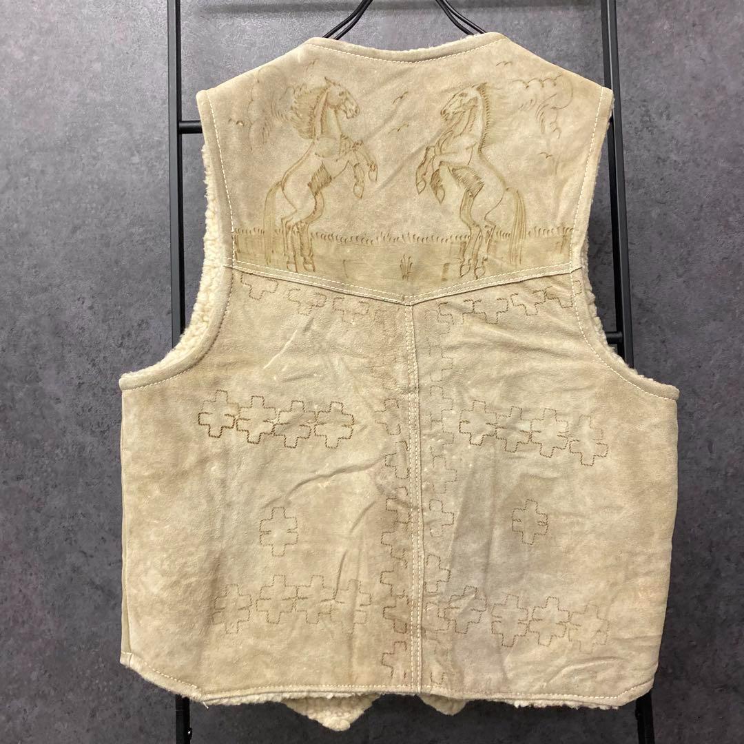 《US古着》ウエスタン ヴィンテージ レザー 裏ボア ベスト メンズM-L