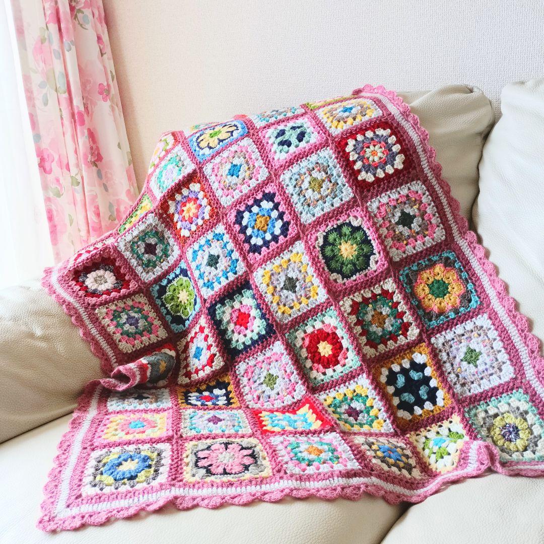手編みブランケット★かぎ針編み★アフリカンフラワー★グラニースクエア★カラフル