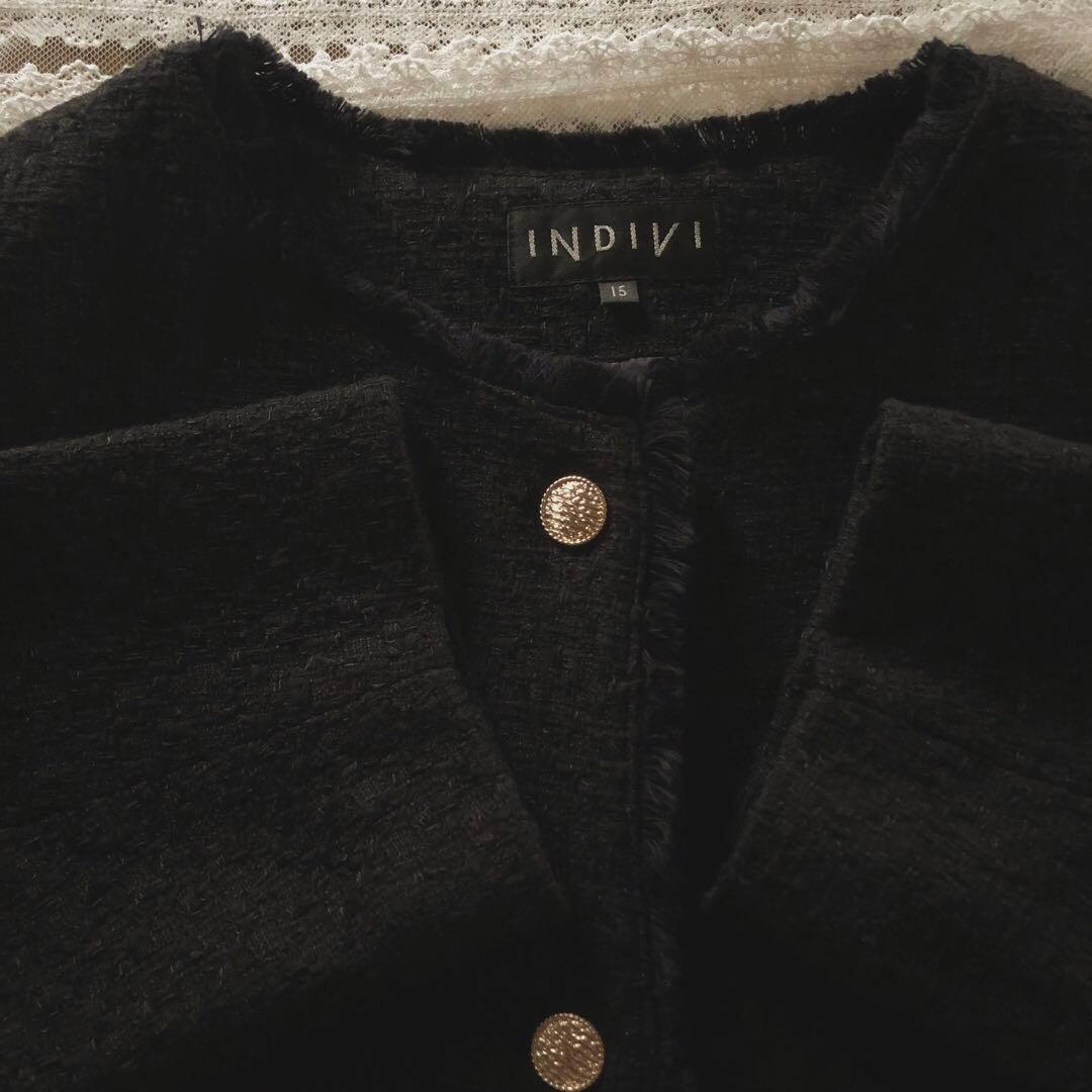 美品　インディヴィ　大きいサイズ　レディース　ノーカラー　ジャケット　黒　3L