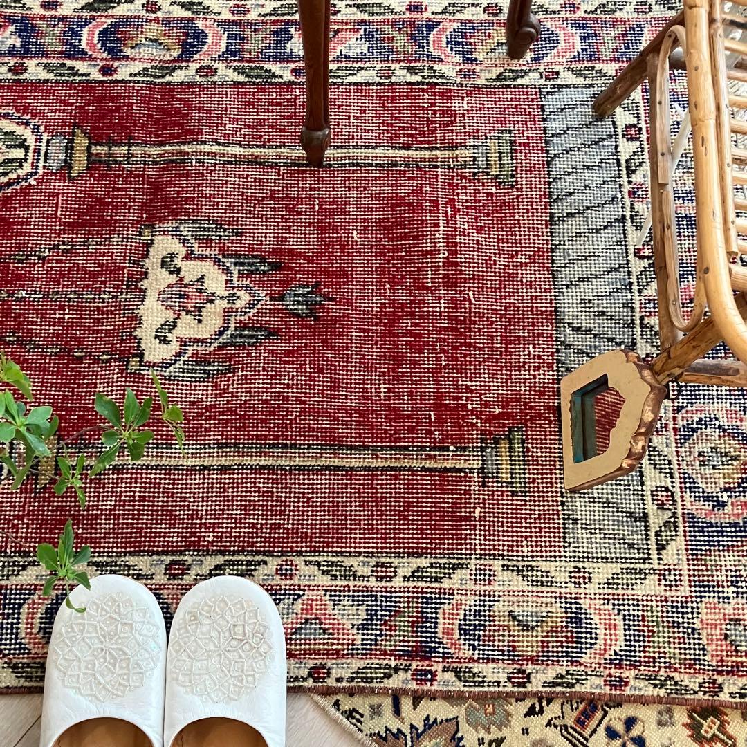 アート✳︎塔✳︎74×130 シャンデリア　レッド　ブルー　トルコヴィンテージラグ