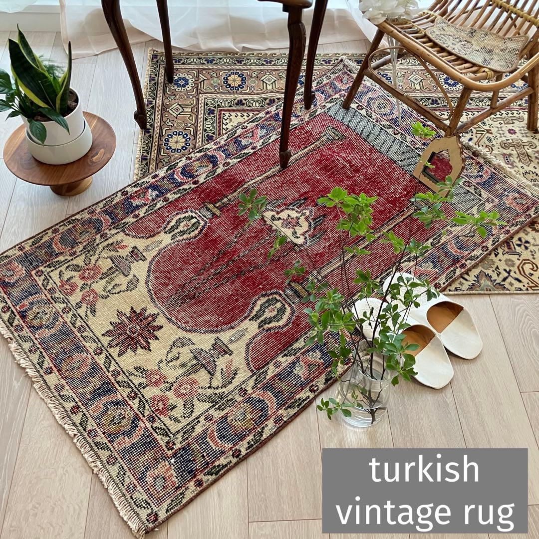 アート✳︎塔✳︎74×130 シャンデリア　レッド　ブルー　トルコヴィンテージラグ