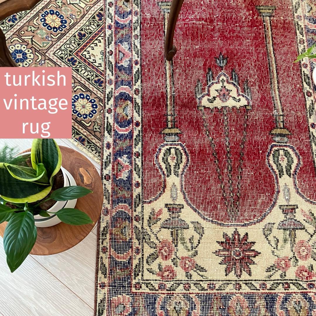 アート✳︎塔✳︎74×130 シャンデリア　レッド　ブルー　トルコヴィンテージラグ