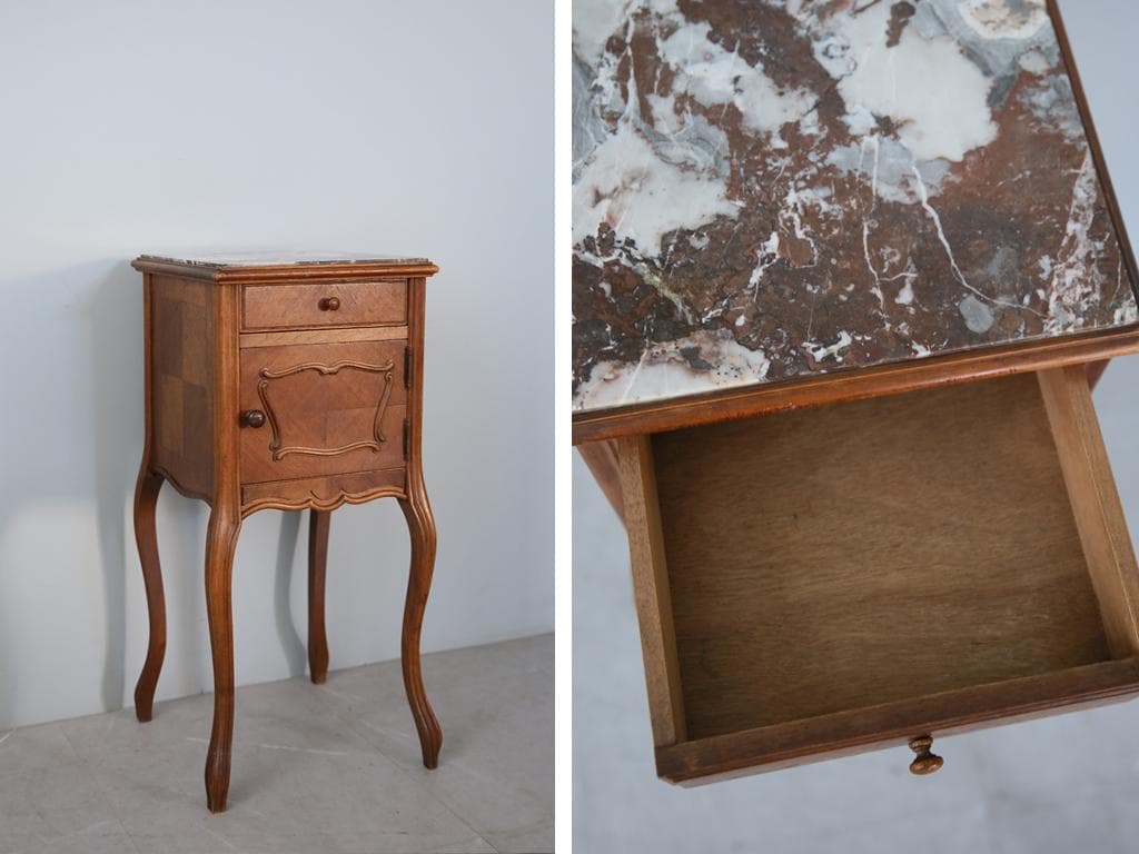フランスアンティーク木製*大理石キャビネット/ナイトテーブル机(90-4)