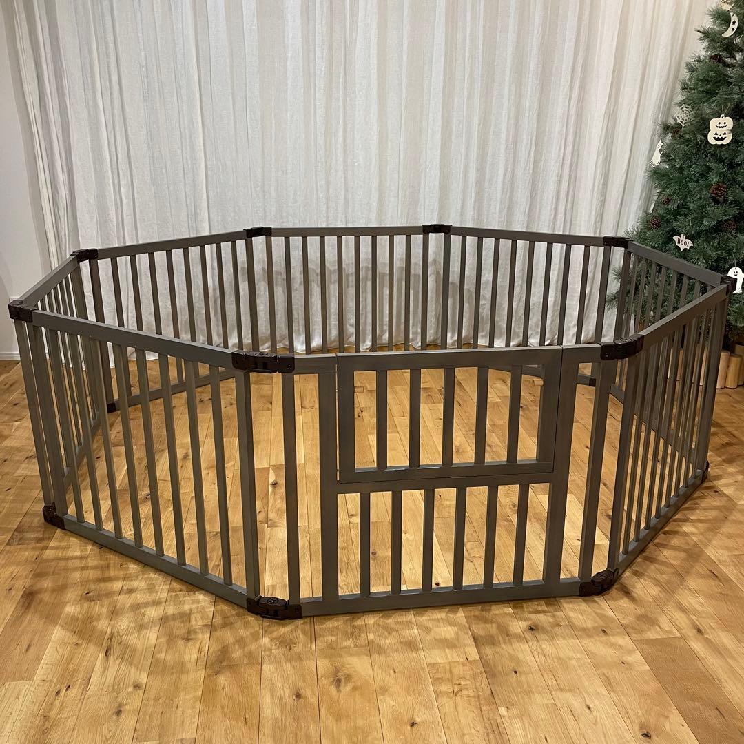 【日本育児】折りたたみ/木製/ベビーサークル/グレー/グレー/8枚【扉付き】
