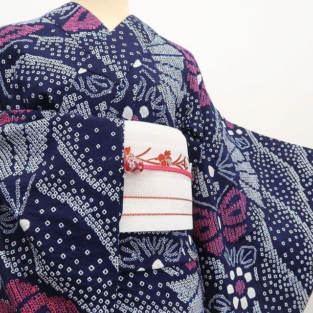 ゆき✾m1788＊美品 有松鳴海絞り 夏着物 綿 蝶 トール 高級浴衣