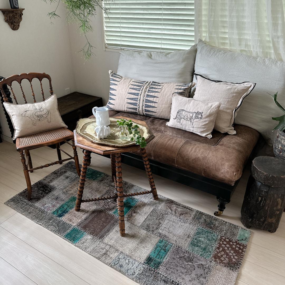 トルコ ヴィンテージラグ A29 高級 レア ターコイズ グレー パッチワーク