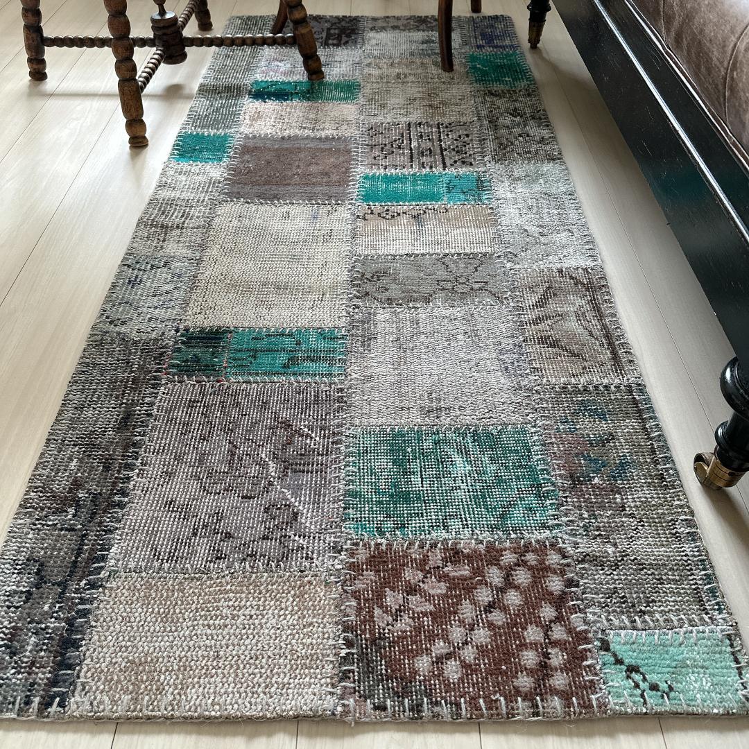 トルコ ヴィンテージラグ A29 高級 レア ターコイズ グレー パッチワーク
