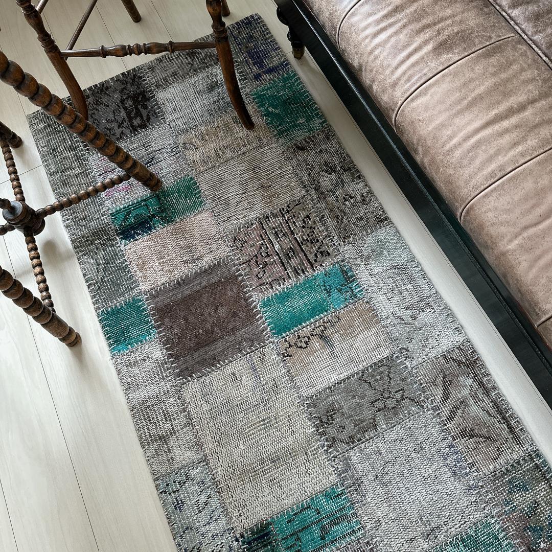 トルコ ヴィンテージラグ A29 高級 レア ターコイズ グレー パッチワーク