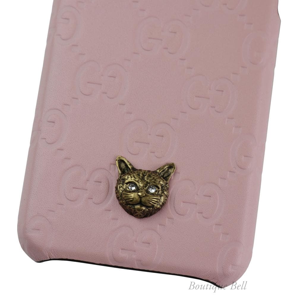 【グッチ】レザーグッチシマ キャット猫 iPhone7/8/SEケース ピンク