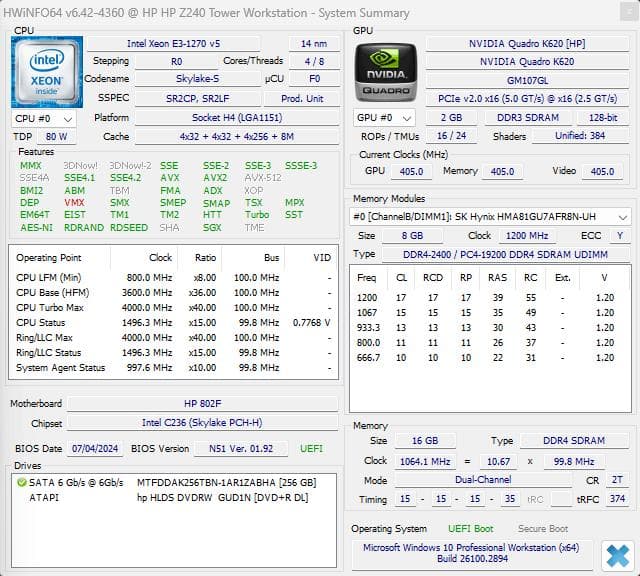 HP ワークステーション Z240 Windows11 Pro 24H2