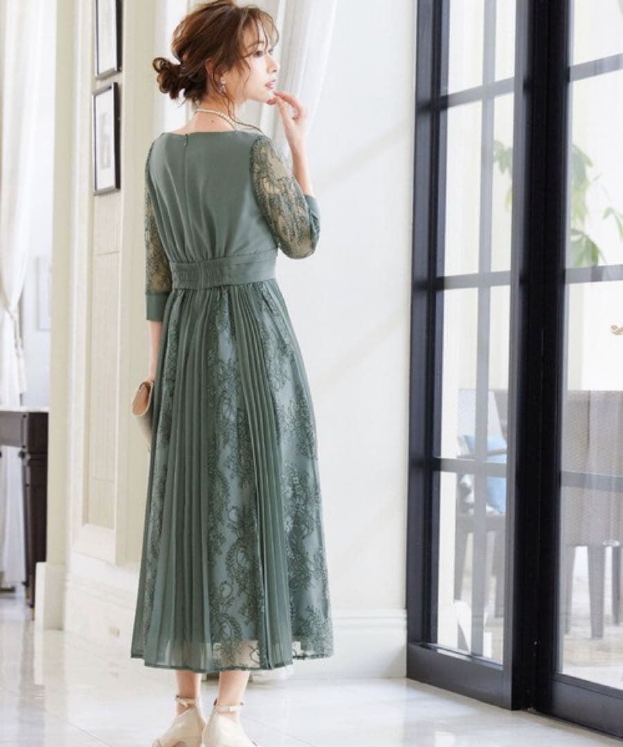 プリーツ×レース 7分袖結婚式ワンピースドレス成人式同窓会二次会　Mさいず 緑