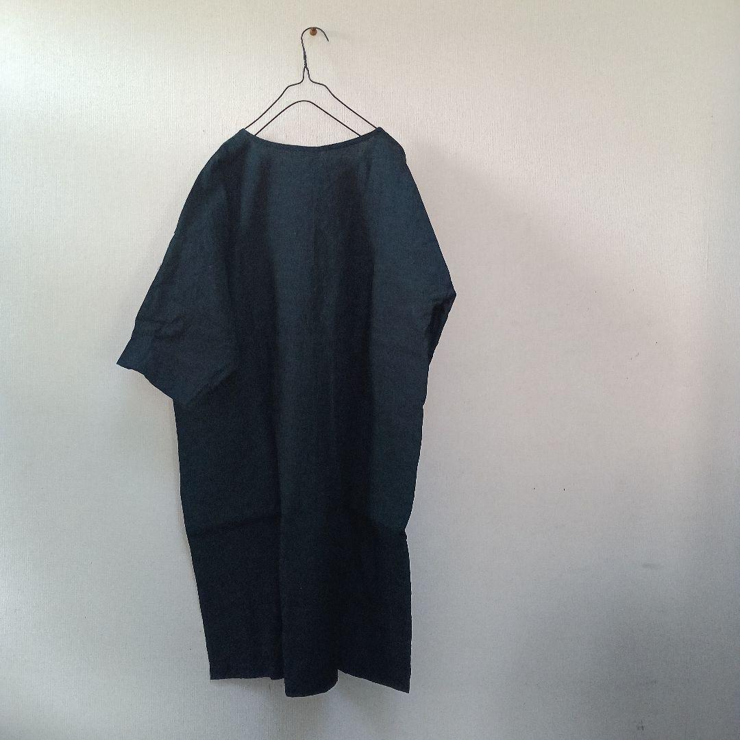 はらっぱ会津木綿スモックワンピース黒緑未使用品