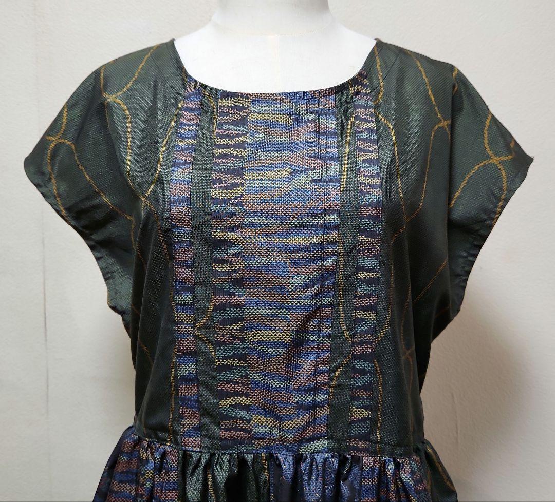 正絹3種類の7マルキ大島紬リメイクフレンチスリ－ブパッチワークジャンパースカート