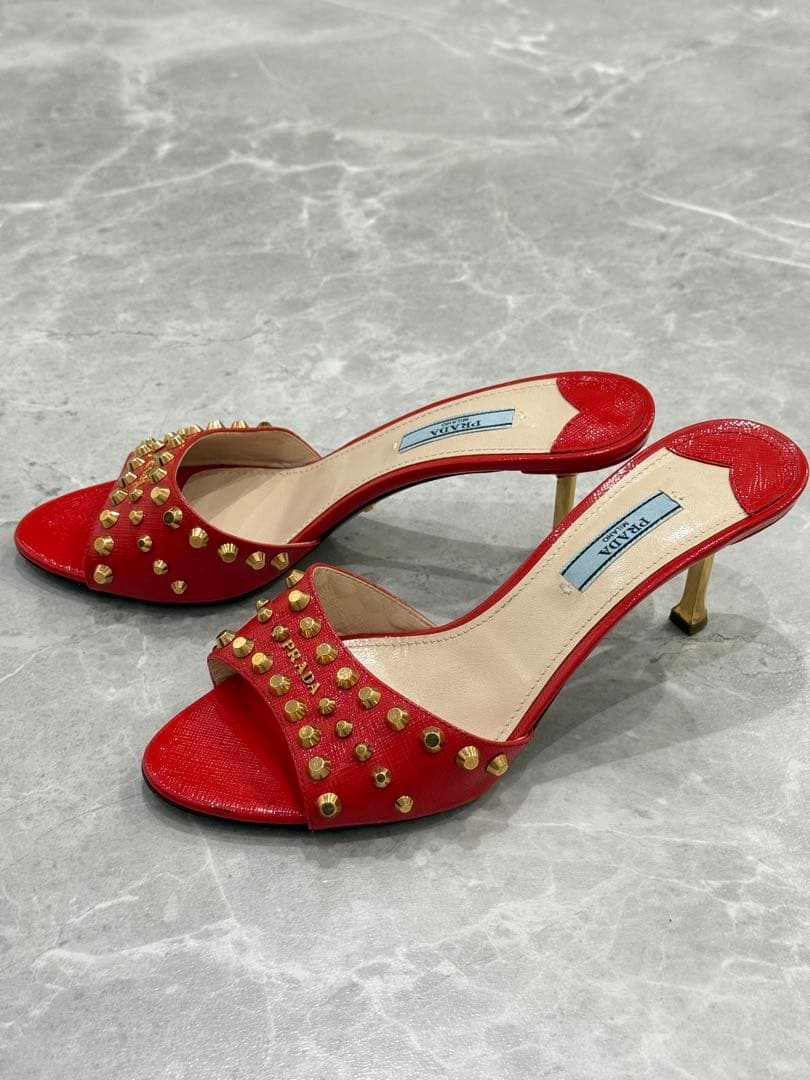 PRADA プラダ スタッズ ミュールサンダル レッド×ゴールド37½